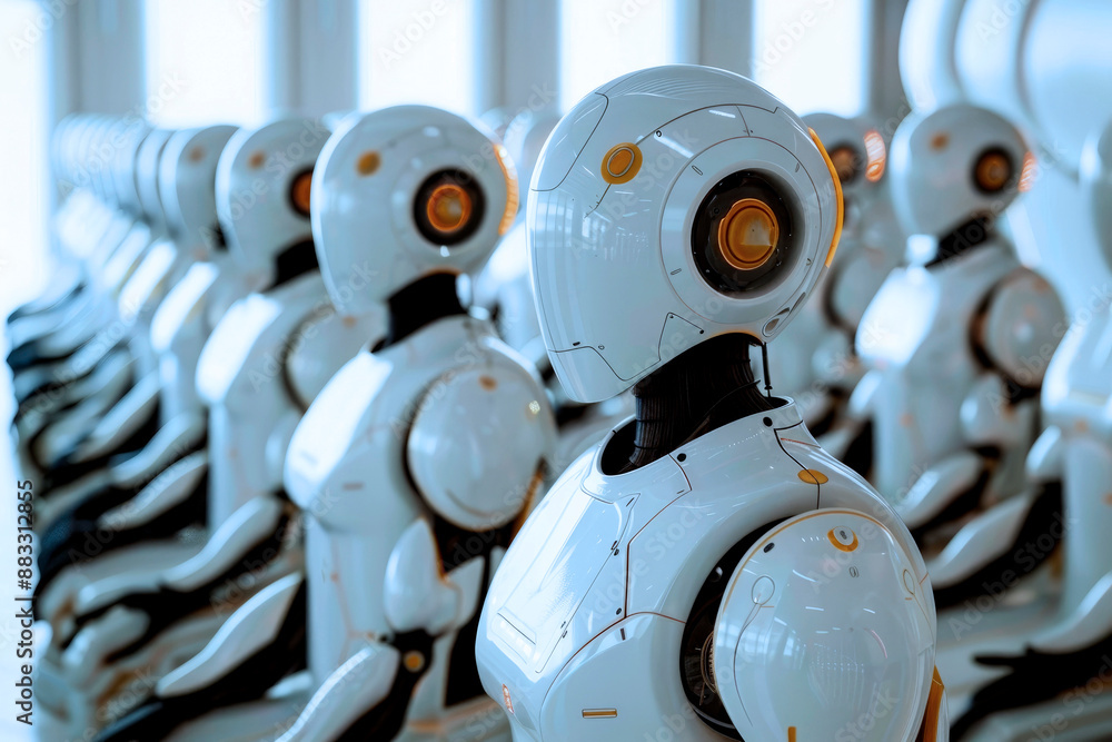 Poster multiple robots with a sleek and futuristic design standing in an organized manner, symbolizing adva