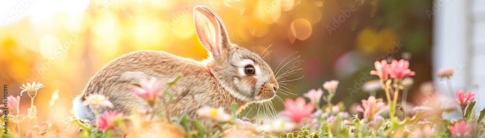 Wall mural Cute Rabbit in a Field of Flowers.