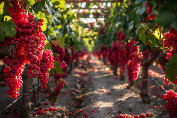 Red grapes on vineyard in sunny day