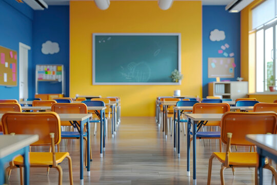 A classroom with bright and cheerful colors, decorated with educational posters and materials, fostering an engaging and inspiring learning environment for students.