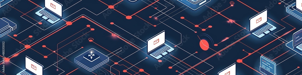Poster laptops and servers connected by a network with glowing red lines