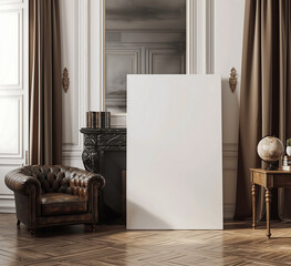 Luxurious Vintage Interior with Leather Chair, Marble Fireplace, and Empty Mock-up Poster Template