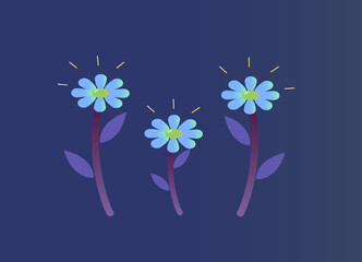 Vector illustration, flat style. Delicate bouquet of daisies. Wildflowers Night blue shining