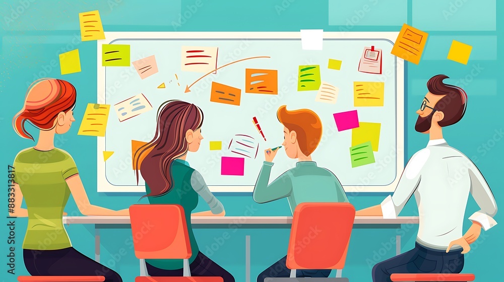 Poster brainstorming session in progress with sticky notes on whiteboard