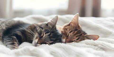 Two cats cuddle on a fluffy white bed for Valentines Day. Concept Valentines Day, Cats, Cuddle, Fluffy Bed, Love