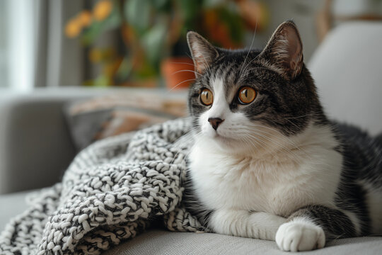 Grau-Wei&szlig;e Katze mit Wolldecke auf dem Sofa im Wohnzimmer