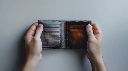 Hands Holding Open Leather Wallet Against a Soft Grey Background