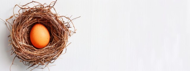  A tight shot of a bird's nest with an egg inside, set against a plain white background, including ample room for image manipulation or text overlays