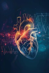 Digital Illustration of Heart with ECG Lines Representing Cardiac Health Monitoring and Diagnostics