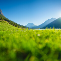 Nature. View of a mountain valley and a field with fresh grass. Beautiful summer view. Sun rays in the mountains. Mountain landscape during sunset. Clear sky in the evening.