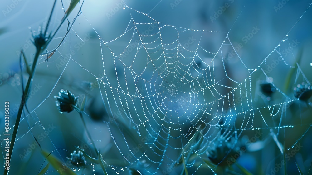 Wall mural beautiful natural background with necklace of water droplets on a cobweb in grass in spring of summe