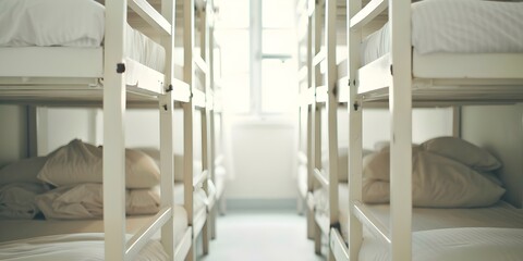 Hostel dorm with bunk beds for travelers cozy but slightly messy. Concept Hostel Dorm, Bunk Beds, Cozy Ambiance, Travelers' Haven, Slightly Messy