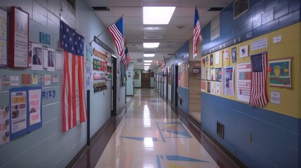 School Hallway Displaying Student National History Projects and Artistic Presentations for Educational Celebration
