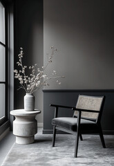 Minimalist Corner with Grey Accent Wall, Decorative Chair, and Floral Arrangement