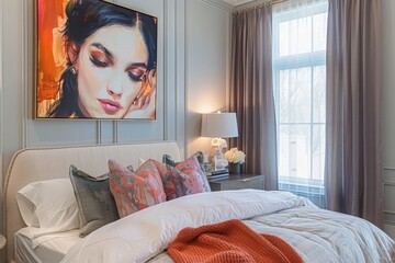 Beautiful portrait painting hanging in a bedroom, set against a backdrop background of luxurious bedding and elegant decor creating a serene environment 