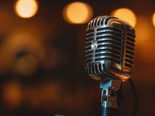 Classic ribbon microphone on a stand, with a softly blurred backdrop background, emphasizing the microphone's timeless elegance and craftsmanship 