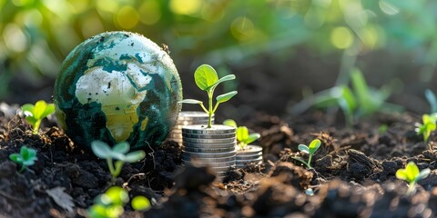 Green globe world map with stack of silver coins and seedlings. Concept Eco-friendly Investing, Sustainable Growth, Green Economics, Global Environment, Financial Conservation