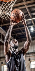 A bucksetball player shoots directly into the basket.