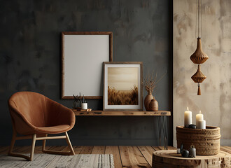 Mockup frame in nomadic boho interior background with rustic decor, 3d render