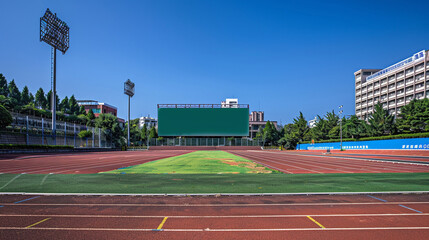 Obraz premium Clear HD perspective of an empty track field with a green center and large billboard, featuring background school buildings and trees, captured in