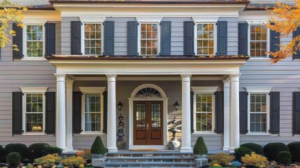 Fototapeta premium The classic symmetry of a Suburban Colonial home's facade, highlighted by a central front door framed by sidelights