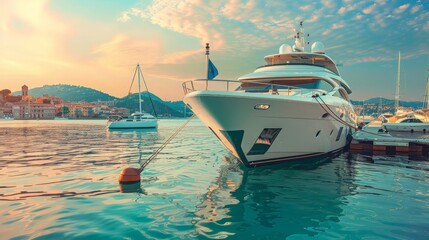 Elegant yacht docked at a marina, with a backdrop background of a picturesque coastal town, showcasing the seamless blend of luxury and coastal charm 