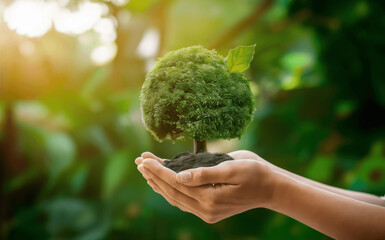 A Tiny Sapling Held In Gentle Hands Against A Lush Green Backdrop