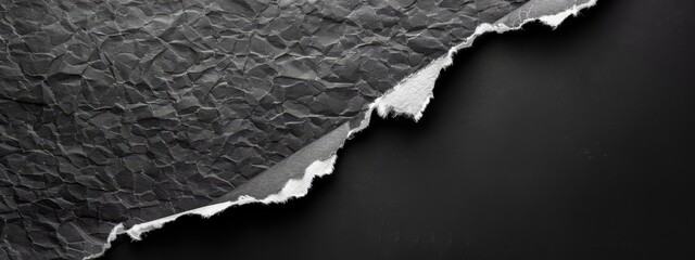  A monochrome image of a sheet with a torn segment overlapping, against a black backdrop