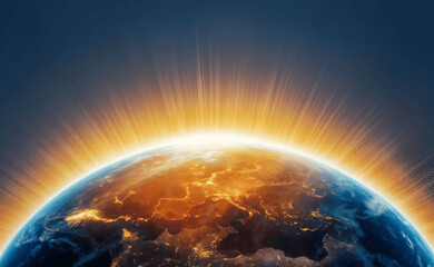 A radiant, golden light emerges from behind the curve of the Earth, illuminating a scene of vast landscapes and twinkling city lights.