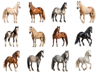 Set of horses with different coat colors isolated on white or transparent background, png clipart, design element. Easy to place on any other background.