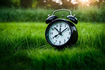 Alarm clock on green grass.