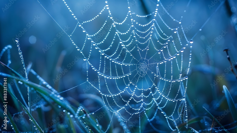 Wall mural beautiful natural background with necklace of water droplets on a cobweb in grass in spring of summe