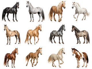 Set of horses with different coat colors isolated on white or transparent background, png clipart, design element. Easy to place on any other background.