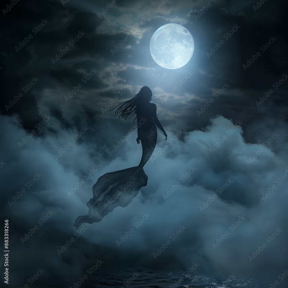 Wall mural A woman mermaid is flying through the sky above a large moon