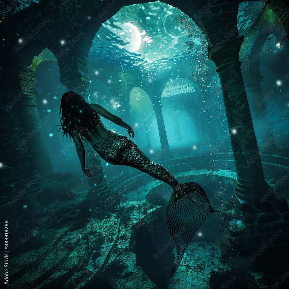 Poster A mermaid is swimming in a dark, murky water