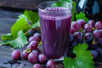 Freshly Squeezed Purple Grape Juice with Grapes and Leaves - Refreshing and Healthy Beverage