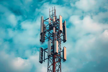 Close-Up of GPS, Cellphone, 3G, 4G, and 5G Equipped Telecommunication Towers Against Cloudy Blue Sky"