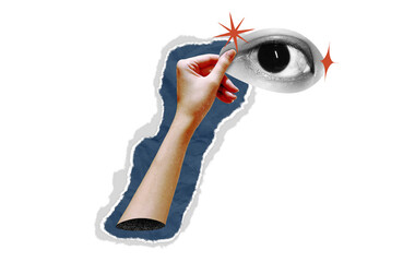 Hand holding the eye. Collage contemporary art isolated Halftone design.