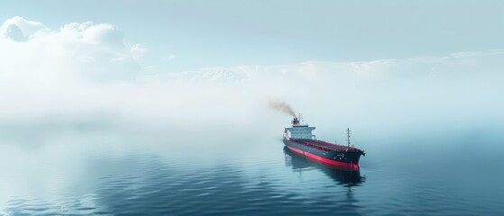 Fototapeta premium Large Cargo Ship Navigating Through Foggy Ocean Waters