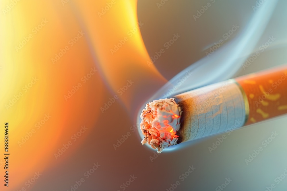 Wall mural high-detail close-up of cigarette being lit with match flame and smoke