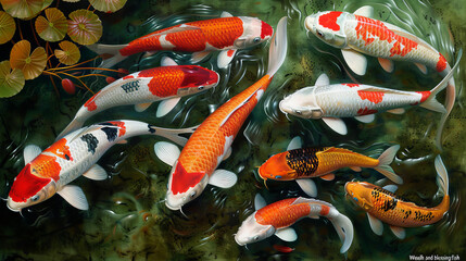 Feng Shui Art "Wealth and blessing 9 lucky koi fish" hyper realistic wallpaper