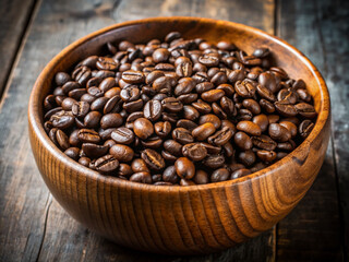 Fototapeta premium Freshly roasted coffee beans overflow from a rustic wooden bowl on a neutral background, showcasing nature's beauty in high-contrast, vibrant, isolated transparent format.