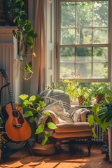 Fototapeta premium Cozy Sunlit Living Room with Guitar and Houseplants - Perfect for Relaxation and Inspiration