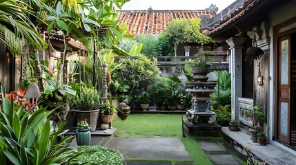 Courtyard garden with lush tropical plants and ornate Balinese statues