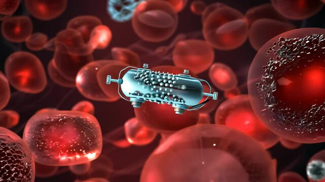 Medical nanobots assembling microscopic structures in scientific abstract concept. Microlevel ai bots in motion