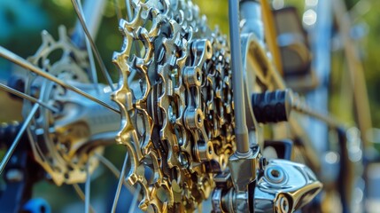 Close-up of Bicycle Gear Mechanism with Blurred Outdoor Background - Engineering Detail