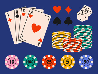 Poker game equipment.  Flat vector illustration of playing cards, dice, casino chips and card suits. Gambling concept.