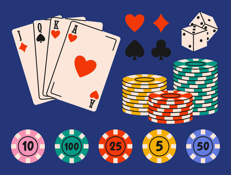 Poker game equipment. Flat vector illustration of playing cards, dice, casino chips and card suits. Gambling concept.
