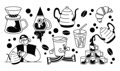 Coffee elements, tools, accessories set. Barista, takeaway paper cups, mugs, kettles, brewing, filter coffee, v60, glasses, beans, bags and desserts. Flat vector illustration isolated on background