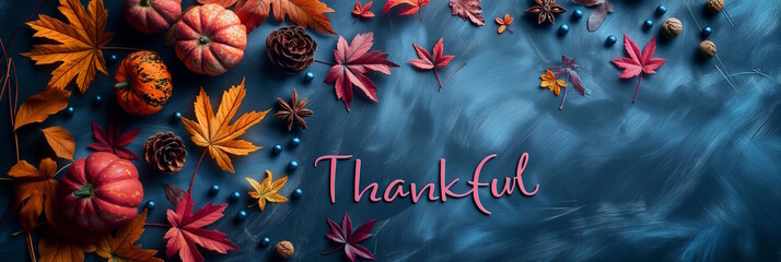 Colorful autumn leaves and pumpkins with the word "Thankful" on blue background, symbolizing gratitude and Thanksgiving. The vibrant fall elements enhance the festive and seasonal atmosphere